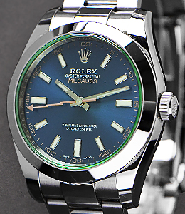 Milgauss 40mm in Steel with Green Crystal - model 116400 on Oyster Bracelet with Blue Luminous Dial