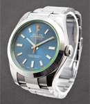 Milgauss 40mm in Steel with Green Crystal on Oyster Bracelet with Blue Luminous Dial