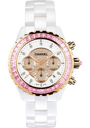 J12 Jewelry 41mm Automatic in White Ceramic with Rose Gold Sapphire Bezel On White Ceramic Bracelet with Pave Diamond Dial