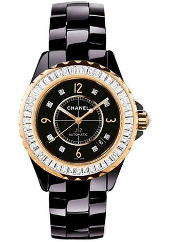 Chanel J12 Jewelry 38mm Automatic in Black Ceramic with Rose Gold Baguette Diamond Bezel