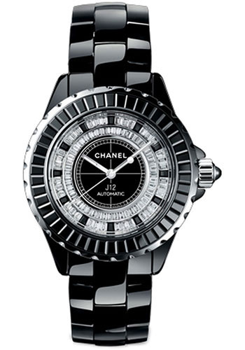 J12 Jewelry 38mm Automatic in Black Ceramic with Ceramic & Baguette Diamonds Bezel On Black Ceramic Bracelet with Pave Diamond Dial