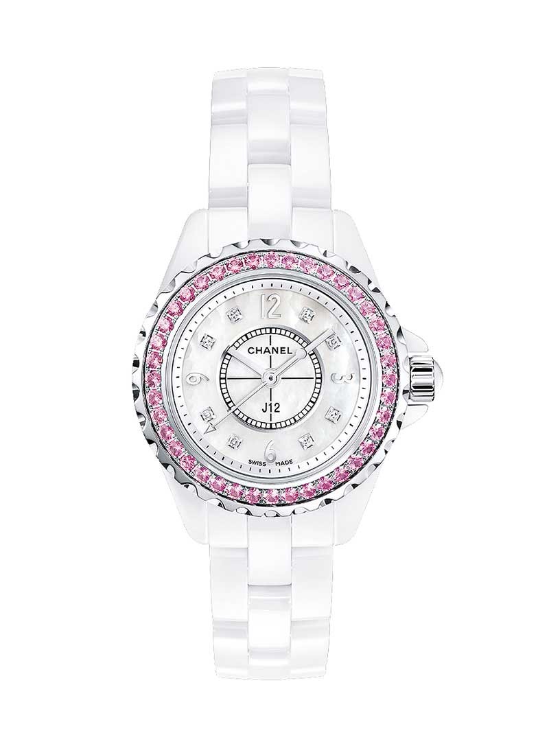 Chanel J12 White Ceramic and Pink Sapphire Swiss Quartz Watch 'Ref. H2010'  at 1stDibs