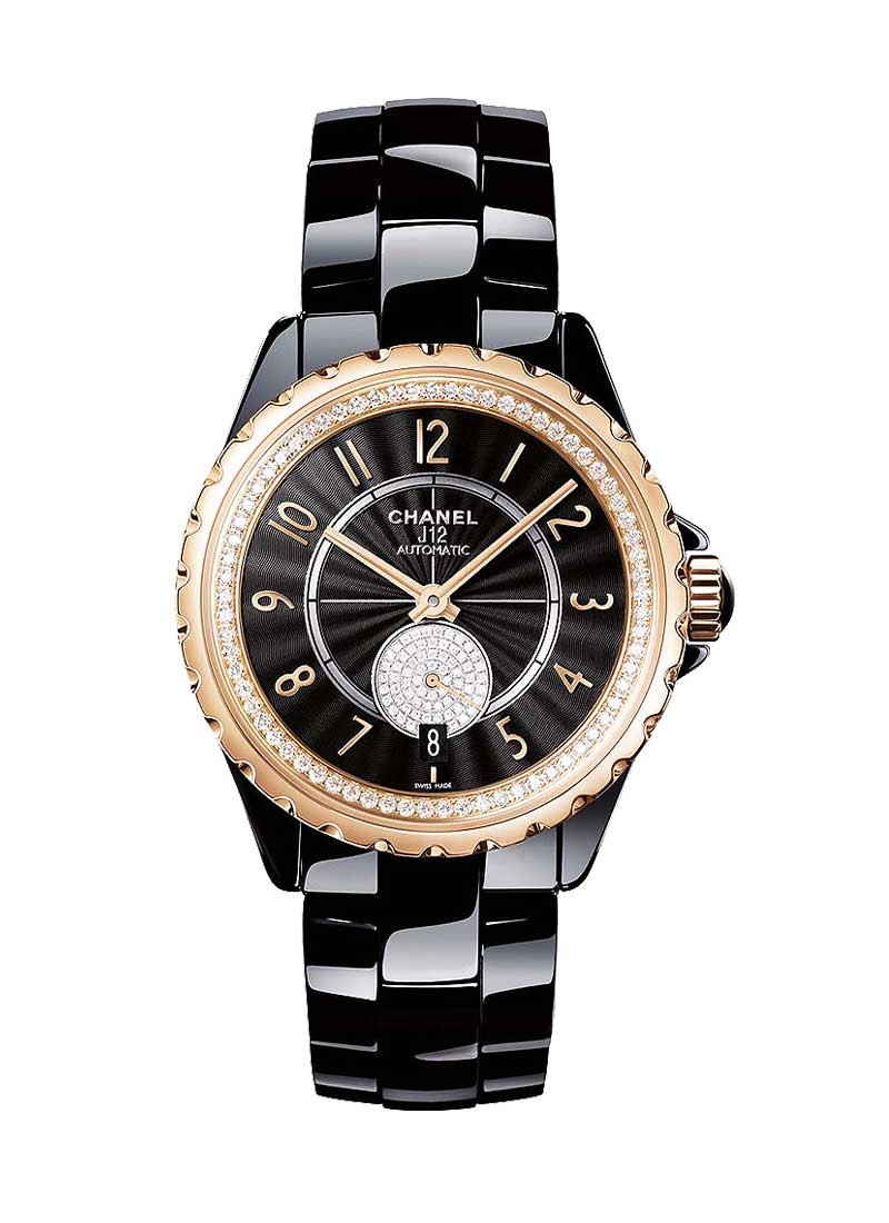 Chanel J12  36.5mm Automatic in Black Ceramic with Rose Gold Diamond Bezel