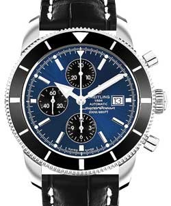 Superocean Chronographe Heritage in Steel with Black Bezel On Black Crocodile Leather Strap with Blue Dial