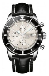 Superocean Chronographe Heritage in Steel with Black Bezel On Black Crocodile Strap with Silver Dial