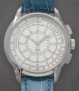 175th Anniversary Collection Multi-Scale Chronograph 37mm Automatic in White Gold on Blue Crocodile Leather Strap with Silver Opaline Dial