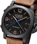 PAM 580 - Luminor 1950 3 Days Chrono Flyback in Black Ceramic on Brown Calfskin Leather Strap with Black Dial