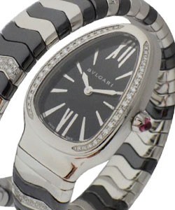 Serpenti Spiga in Steel with Diamond Bezel on Steel and Ceramic Tubogas Bracelet with Black Dial