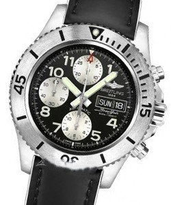 Superocean Chronograph Automatic in Steel on Black Calfskin Leather Strap with Black Dial - Luminous Arabic Marker