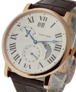 Rotonde de Cartier Retrograde Second Time Zone in Rose Gold on Brown Alligator Leather Strap with Silver Dial