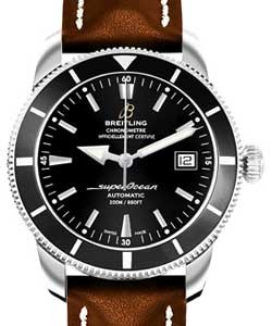 Superocean Heritage 42mm Chronograph in Steel with Black Bezel On Brown Calfskin Leather Strap with Black Dial