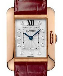 Tank Anglaise Small in Rose Gold on Bordeux Alligator Leather with Silver Diamond Dial