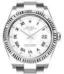 Date 34mm in Steel with Fluted Bezel on Steel Oyster Bracelet with White Roman Dial