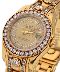 Masterpiece with Yellow Gold 32 Diamond Bezel on Pearlmaster Diamond Bracelet with Champagne Myriad Pave Diamond Dial
