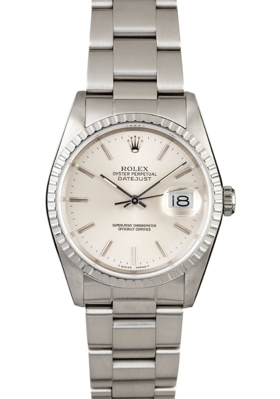 Men's Datejust 36mm in Steel with White Gold  Engine Bezel on Oyster Bracelet with Silver Stick Dial