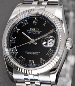 Datejust 36mm with White Gold Fluted Bezel on jubilee Bracelet with Black Roman Dial