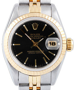 Ladys 26mm Datejust in Steel with Yellow Gold Fluted Bezel on Bracelet with with Black Stick Dial
