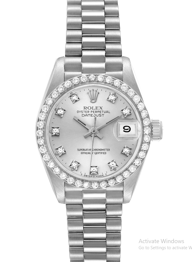 Ladies President in White Gold with Diamond Bezel on White Gold President Bracelet with Silver Diamond Dial