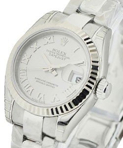 Lady's Datejust in Steel with White Gold Fluted Bezel on Steel Oyster Bracelet with Silver Roman Dial