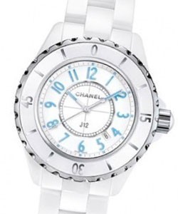 J12  Automatic 33mm White with Blue Numbers on White Ceramic Bracelet with White Dial