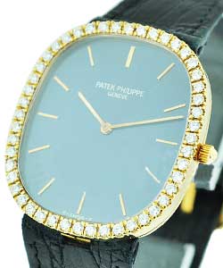 Ellipse 3738J in Yellow Gold with Diamond Bezel on Black Crocodile Leather Strap with Blue Dial