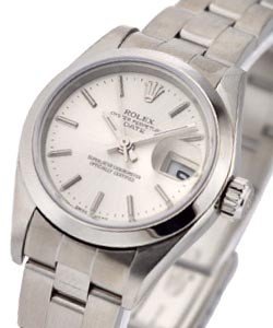 Ladies Date 26mm in Steel with Smooth Bezel On Steel Oyster Bracelet with Silver Stick Dial