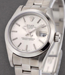 Ladies Date 26mm in Steel with Smooth Bezel On Steel Oyster Bracelet with Silver Stick Dial