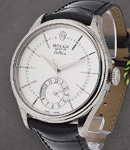 Cellini Dual Time 39mm in White Gold with Domed and Fluted Bezel on Strap with White Silver Dial