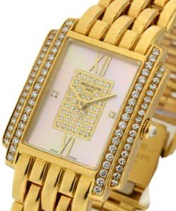 Gondolo with 2 Row Diamond Bezel Yellow Gold on Strap with  Pink MOP Diamond Dial