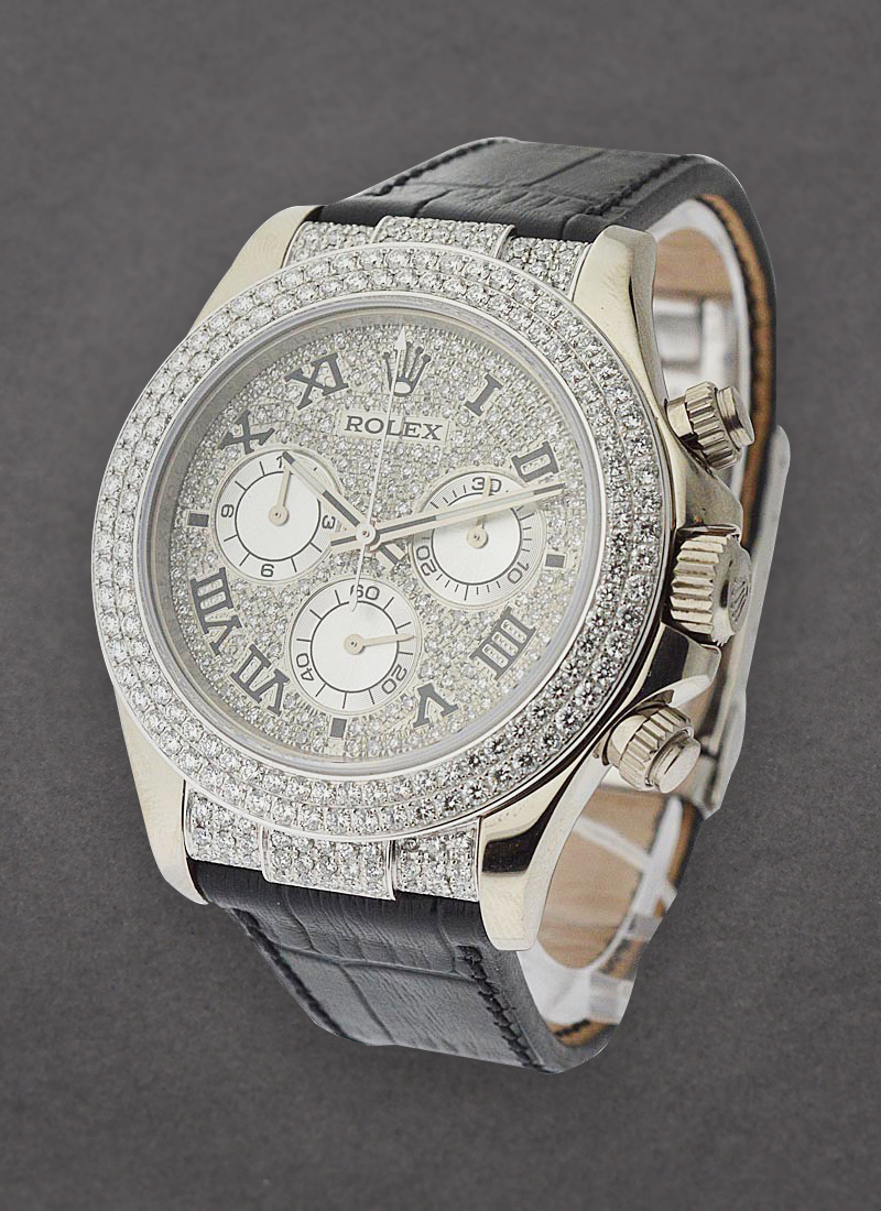 Pre-Owned Rolex Daytona in White Gold with 2-Row Diamond Bezel and Custom diamond Lugs   