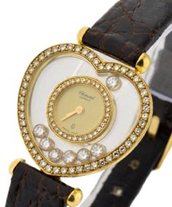 Happy Diamonds Heart Shaped Case - 7 Floating Diamonds Yellow Gold on Strap with Champagne Dial