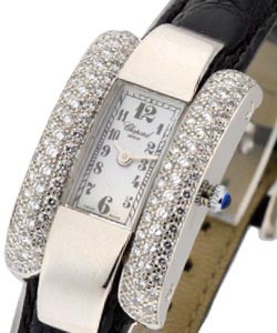 La Strada in White Gold  with Partial Diamond Case on Black Alligator Leather Strap with Mother Of Pearl Dial