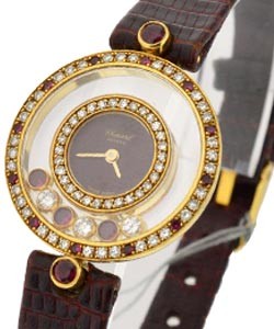 Happy Diamonds 23mm with Rubies and Diamonds Yellow Gold on Strap with Burgandy Dial