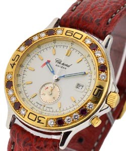 Millie Miglia Ladies Single Button Chronograph   Yellow Gold with Diamond and Ruby Bezel on Strap