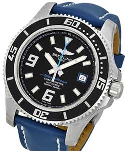 Superocean Abyss 44mm on Blue Leather Strap with Black Dial and Tang Clasp