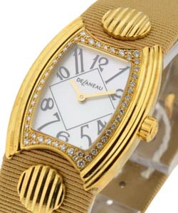 Princess with Single Row Diamond Bezel Yellow Gold on Taupe Fabric Strap - MOP Dial