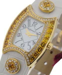 First Lady with Champagne Sapphire Baguette and Diamond Bezel Yellow Gold on White Strap with MOP Dial 