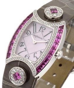 White Gold Princess with Pink Sapphire and Diamond Bezel White Gold on Grey Strap with Pink MOP Dial 