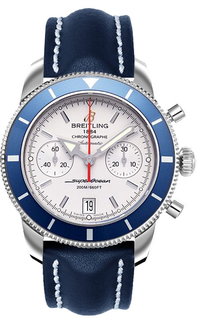 Superocean Chronographe Heritage 44mm in Steel with Blue Bezel On Blue Calfskin Leather Strap with Silver Dial