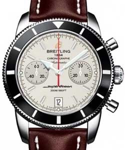 Superocean Chronographe Heritage 44mm in Steel with Black Bezel On Brown Leather Strap with SIlver Dial 
