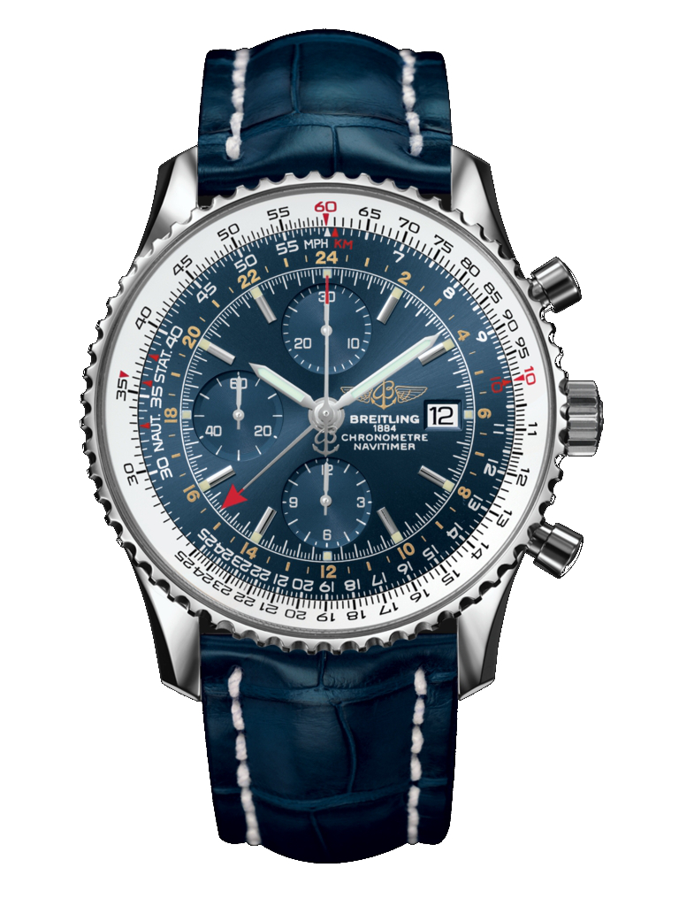 Navitimer World Chronograph in Steel On Blue Crocodile Leather Strap with Blue Dial