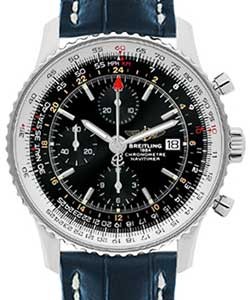 Navitimer World Chronograph Men's in Steel On Blue Crocodile Strap with Black Dial