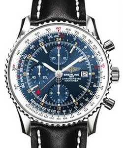 Navitimer World Chronograph Men's in Steel Black Leather Strap with Blue Dial