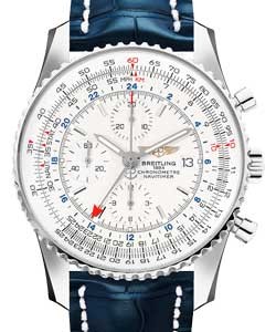 Navitimer World Chronograph in Steel on Blue Crocodile Leather Strap with Silver Dial