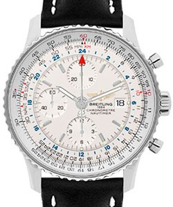 Navitimer World Chronograph Black Leather Strap with Silver Dial with Tang Buckle