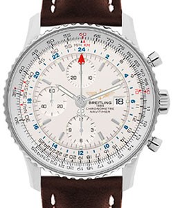 Navitimer World Chronograph in Steel Brown Leather Strap with Silver Dial