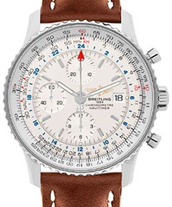 Navitimer World Chronograph in Steel on Brown Calfskin Leather Strap with Silver Dial with Tang Buckle