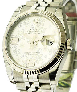 Datejust 36mm in Steel with White Gold Fluted Bezel on Jubilee Bracelet with Silver Floral Dial