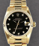 Midsize 31mm President in Yellow Gold with Fluted Bezel on Oyster Bracelet with Black Diamond Dial