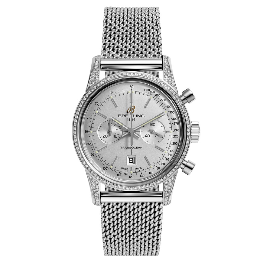 Transocean Chronograph Mens 38mm Automatic in Steel On Steel Mesh Bracelet with Silver Dial